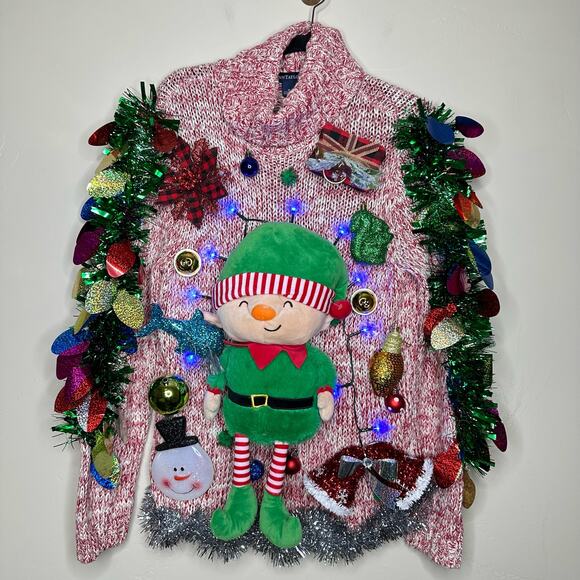 Ugly Christmas Sweater Sweaters - Ugly Christmas Sweater Elf LIGHTS UP Tacky Tinsel Xmas Party Winner Size Small